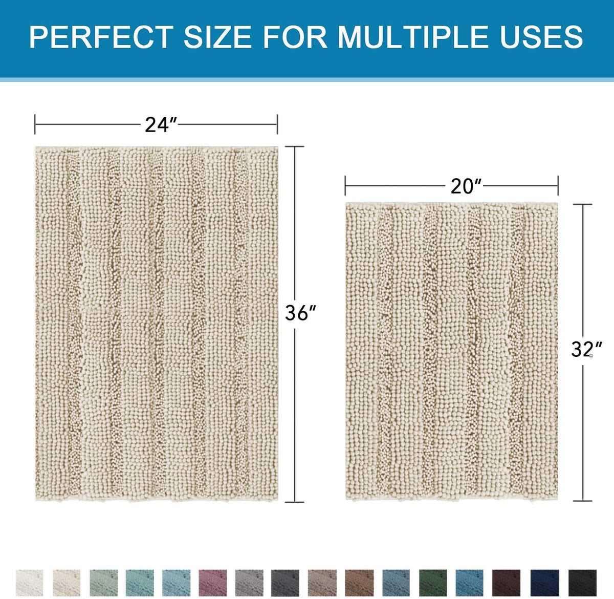 Sage Bathroom Rugs, Bath Mat Set of 2 Extra Thick Chenille Striped Pattern Shaggy Bath Rugs for Bath Room, Non Skid Bath Mats for Bathroom Floor (32 x 20 Plus 24 x 17 - Inches) - Colors B