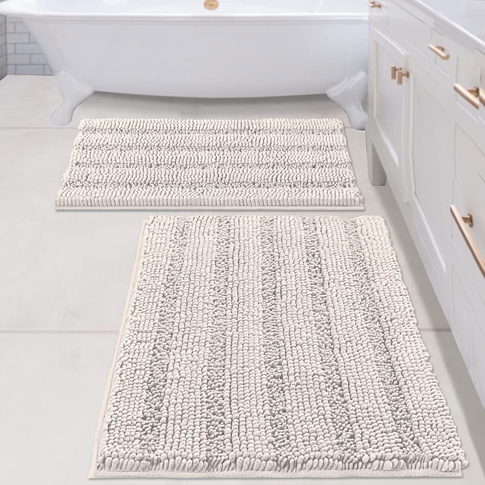 Sage Bathroom Rugs, Bath Mat Set of 2 Extra Thick Chenille Striped Pattern Shaggy Bath Rugs for Bath Room, Non Skid Bath Mats for Bathroom Floor (32 x 20 Plus 24 x 17 - Inches) - Colors B