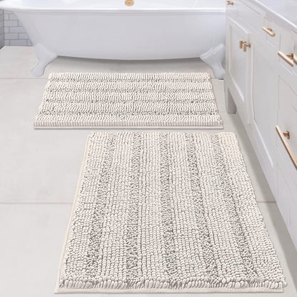 Sage Bathroom Rugs, Bath Mat Set of 2 Extra Thick Chenille Striped Pattern Shaggy Bath Rugs for Bath Room, Non Skid Bath Mats for Bathroom Floor (32 x 20 Plus 24 x 17 - Inches) - Colors B