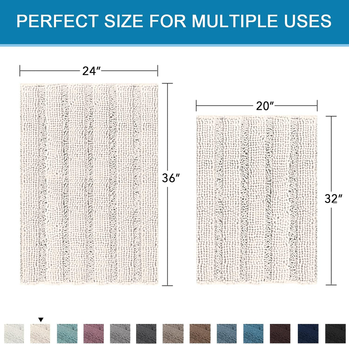 Sage Bathroom Rugs, Bath Mat Set of 2 Extra Thick Chenille Striped Pattern Shaggy Bath Rugs for Bath Room, Non Skid Bath Mats for Bathroom Floor (32 x 20 Plus 24 x 17 - Inches) - Colors B