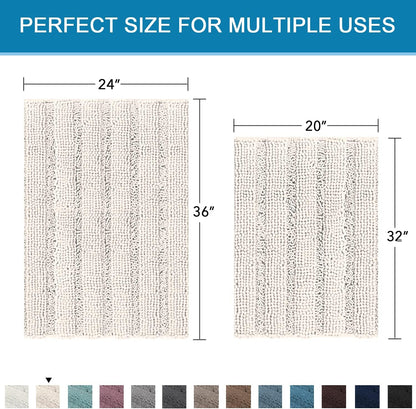 Sage Bathroom Rugs, Bath Mat Set of 2 Extra Thick Chenille Striped Pattern Shaggy Bath Rugs for Bath Room, Non Skid Bath Mats for Bathroom Floor (32 x 20 Plus 24 x 17 - Inches) - Colors B