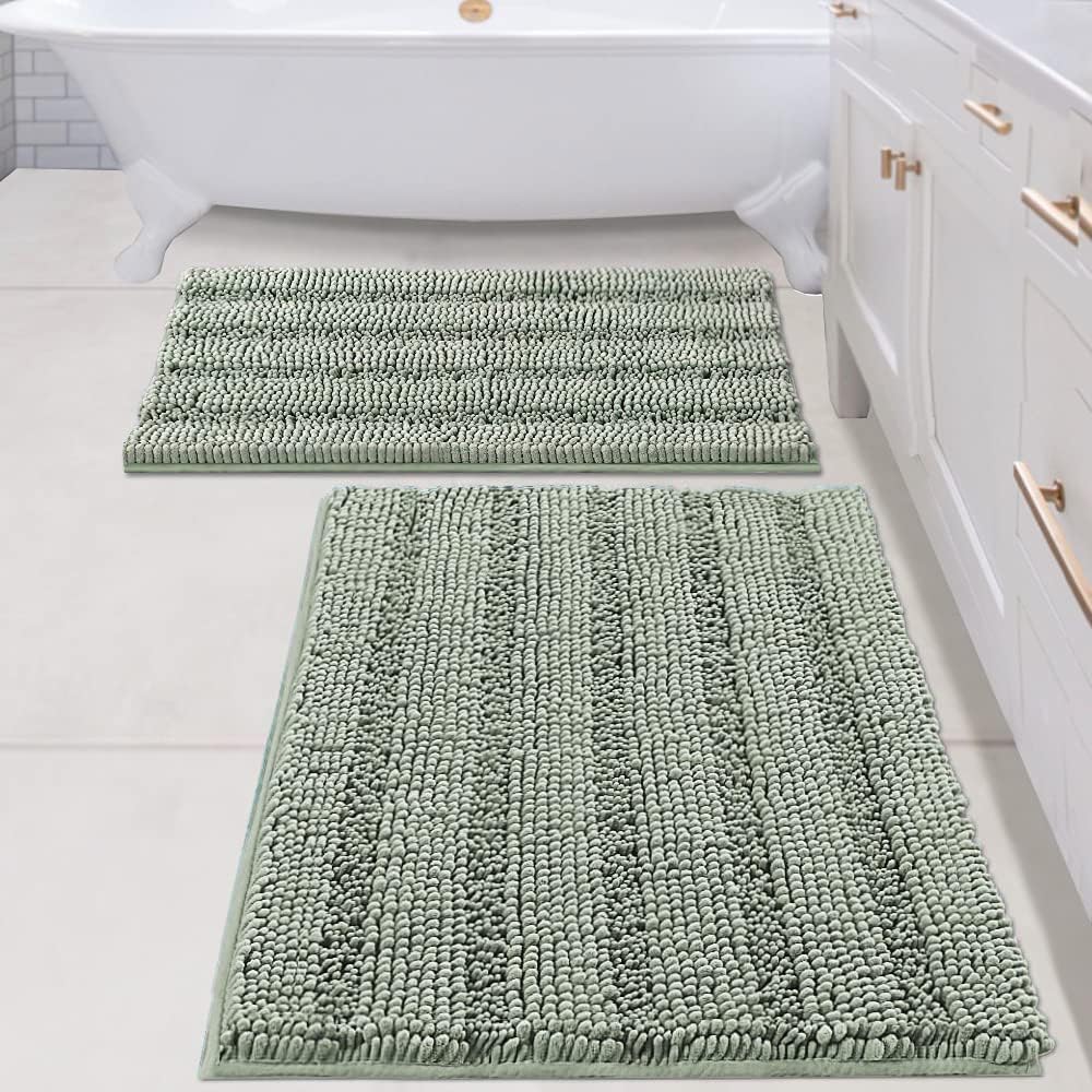 Sage Bathroom Rugs, Bath Mat Set of 2 Extra Thick Chenille Striped Pattern Shaggy Bath Rugs for Bath Room, Non Skid Bath Mats for Bathroom Floor (32 x 20 Plus 24 x 17 - Inches) - Colors B