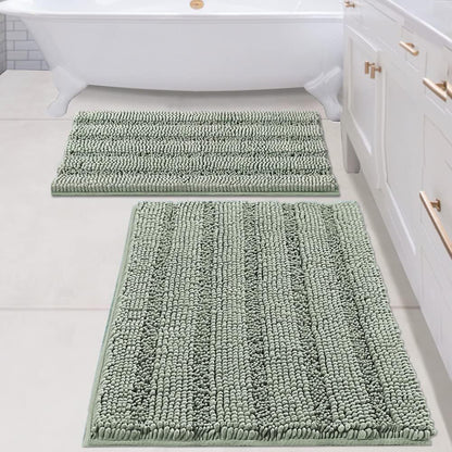 Sage Bathroom Rugs, Bath Mat Set of 2 Extra Thick Chenille Striped Pattern Shaggy Bath Rugs for Bath Room, Non Skid Bath Mats for Bathroom Floor (32 x 20 Plus 24 x 17 - Inches) - Colors B