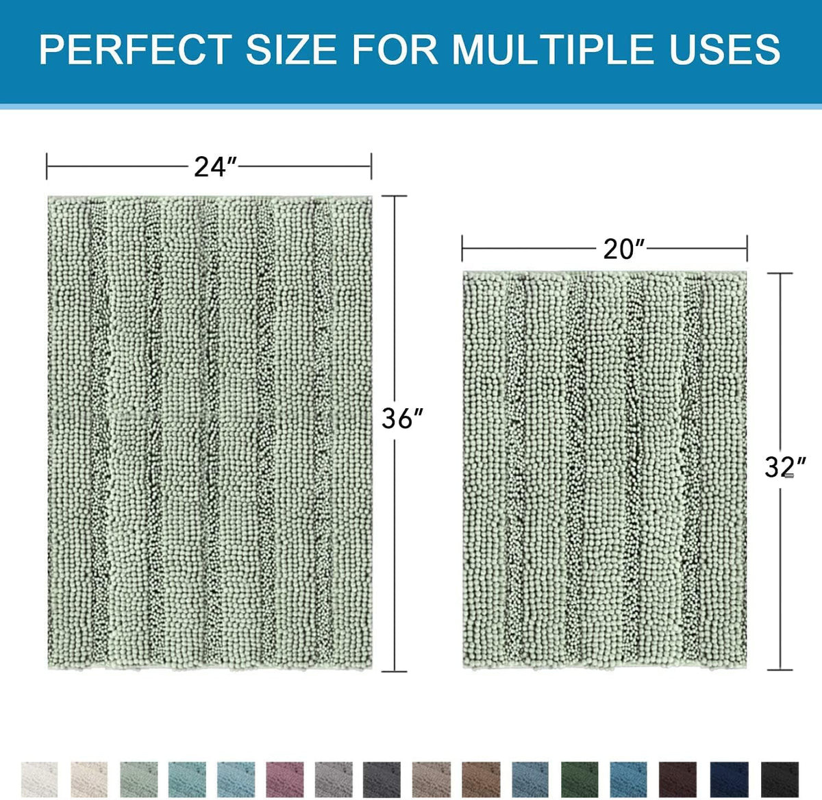 Sage Bathroom Rugs, Bath Mat Set of 2 Extra Thick Chenille Striped Pattern Shaggy Bath Rugs for Bath Room, Non Skid Bath Mats for Bathroom Floor (32 x 20 Plus 24 x 17 - Inches) - Colors B