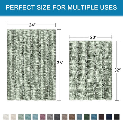 Sage Bathroom Rugs, Bath Mat Set of 2 Extra Thick Chenille Striped Pattern Shaggy Bath Rugs for Bath Room, Non Skid Bath Mats for Bathroom Floor (32 x 20 Plus 24 x 17 - Inches) - Colors B