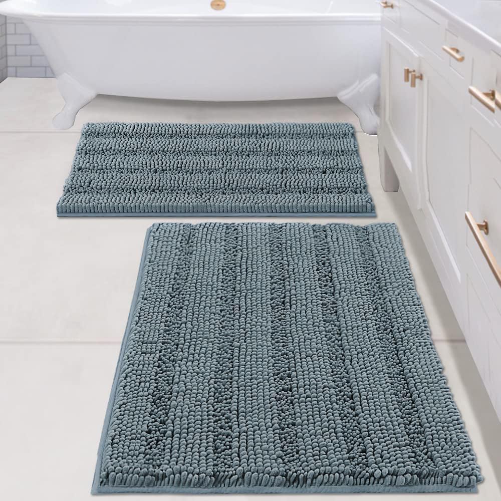 Sage Bathroom Rugs, Bath Mat Set of 2 Extra Thick Chenille Striped Pattern Shaggy Bath Rugs for Bath Room, Non Skid Bath Mats for Bathroom Floor (32 x 20 Plus 24 x 17 - Inches) - Colors B