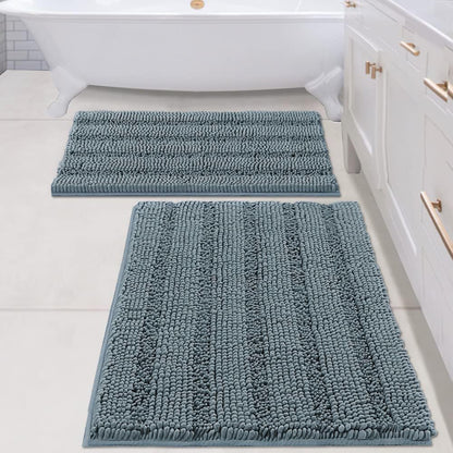 Sage Bathroom Rugs, Bath Mat Set of 2 Extra Thick Chenille Striped Pattern Shaggy Bath Rugs for Bath Room, Non Skid Bath Mats for Bathroom Floor (32 x 20 Plus 24 x 17 - Inches) - Colors B
