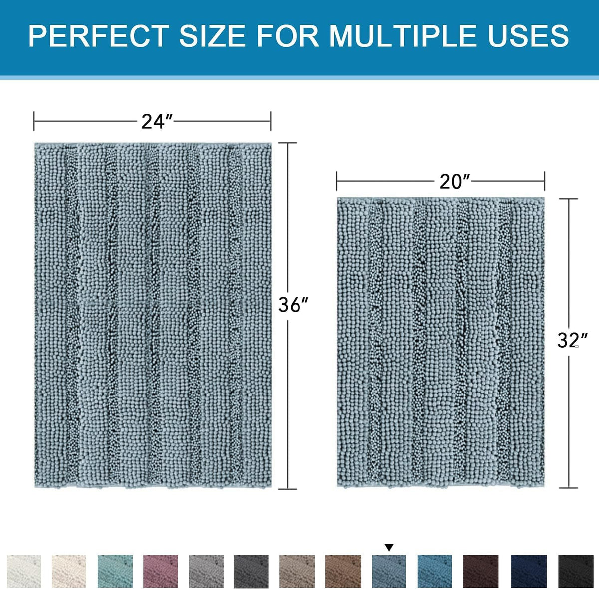 Sage Bathroom Rugs, Bath Mat Set of 2 Extra Thick Chenille Striped Pattern Shaggy Bath Rugs for Bath Room, Non Skid Bath Mats for Bathroom Floor (32 x 20 Plus 24 x 17 - Inches) - Colors B