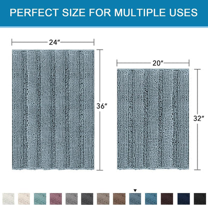 Sage Bathroom Rugs, Bath Mat Set of 2 Extra Thick Chenille Striped Pattern Shaggy Bath Rugs for Bath Room, Non Skid Bath Mats for Bathroom Floor (32 x 20 Plus 24 x 17 - Inches) - Colors B