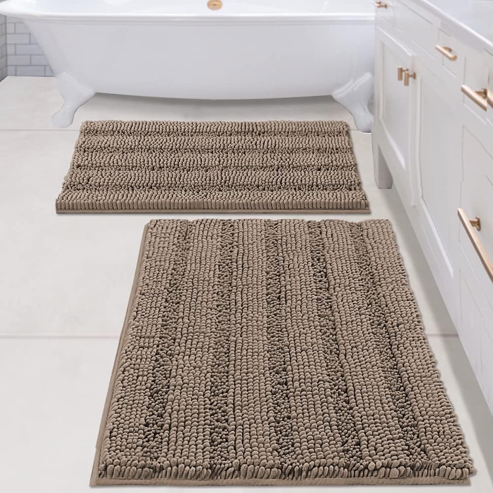 Sage Bathroom Rugs, Bath Mat Set of 2 Extra Thick Chenille Striped Pattern Shaggy Bath Rugs for Bath Room, Non Skid Bath Mats for Bathroom Floor (32 x 20 Plus 24 x 17 - Inches) - Colors B