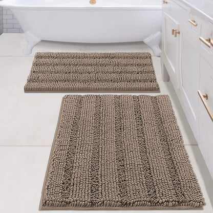 Sage Bathroom Rugs, Bath Mat Set of 2 Extra Thick Chenille Striped Pattern Shaggy Bath Rugs for Bath Room, Non Skid Bath Mats for Bathroom Floor (32 x 20 Plus 24 x 17 - Inches) - Colors B
