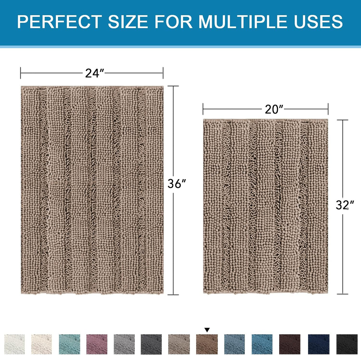 Sage Bathroom Rugs, Bath Mat Set of 2 Extra Thick Chenille Striped Pattern Shaggy Bath Rugs for Bath Room, Non Skid Bath Mats for Bathroom Floor (32 x 20 Plus 24 x 17 - Inches) - Colors B