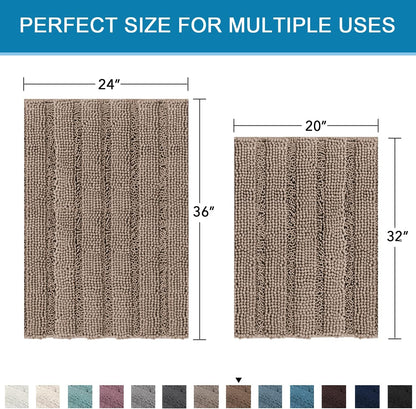 Sage Bathroom Rugs, Bath Mat Set of 2 Extra Thick Chenille Striped Pattern Shaggy Bath Rugs for Bath Room, Non Skid Bath Mats for Bathroom Floor (32 x 20 Plus 24 x 17 - Inches) - Colors B