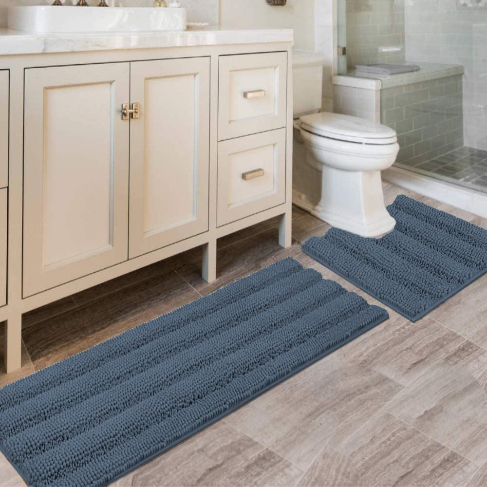 Sage Bathroom Rugs, Bath Mat Set of 2 Extra Thick Chenille Striped Pattern Shaggy Bath Rugs for Bath Room, Non Skid Bath Mats for Bathroom Floor (32 x 20 Plus 24 x 17 - Inches) - Colors B