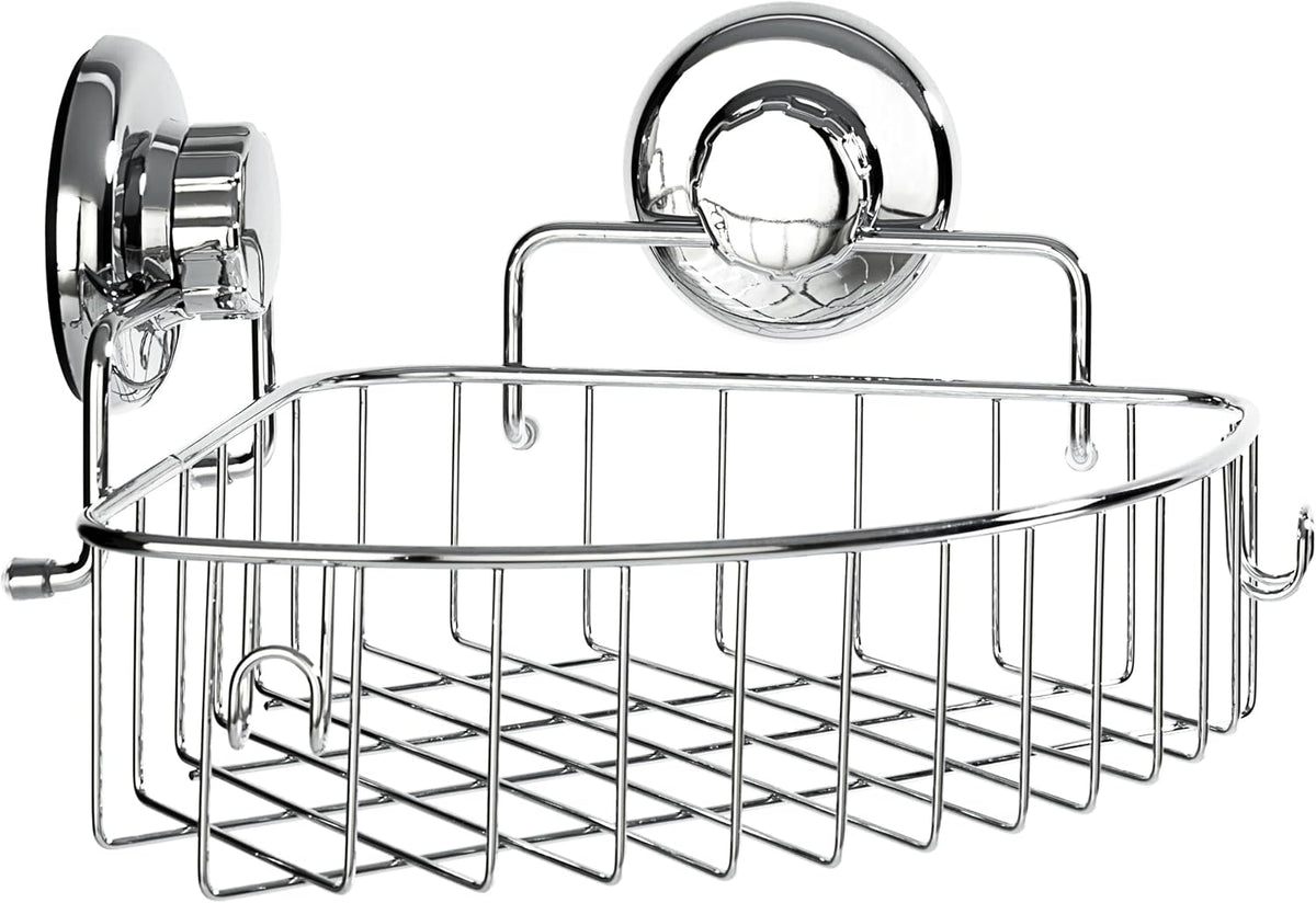 Corner Shower Caddy with Suction Cups and 3M Adhesive Mounting Discs for porous surfaces - Stainless Steel Basket for Bathroom Storage (Chrome)