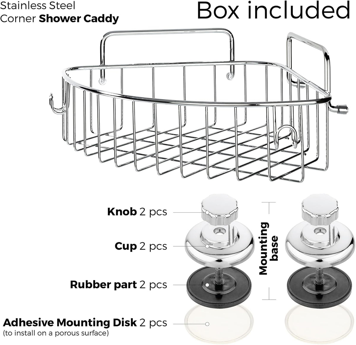 Corner Shower Caddy with Suction Cups and 3M Adhesive Mounting Discs for porous surfaces - Stainless Steel Basket for Bathroom Storage (Chrome)