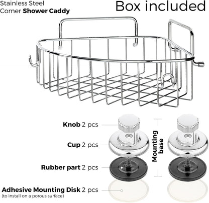 Corner Shower Caddy with Suction Cups and 3M Adhesive Mounting Discs for porous surfaces - Stainless Steel Basket for Bathroom Storage (Chrome)