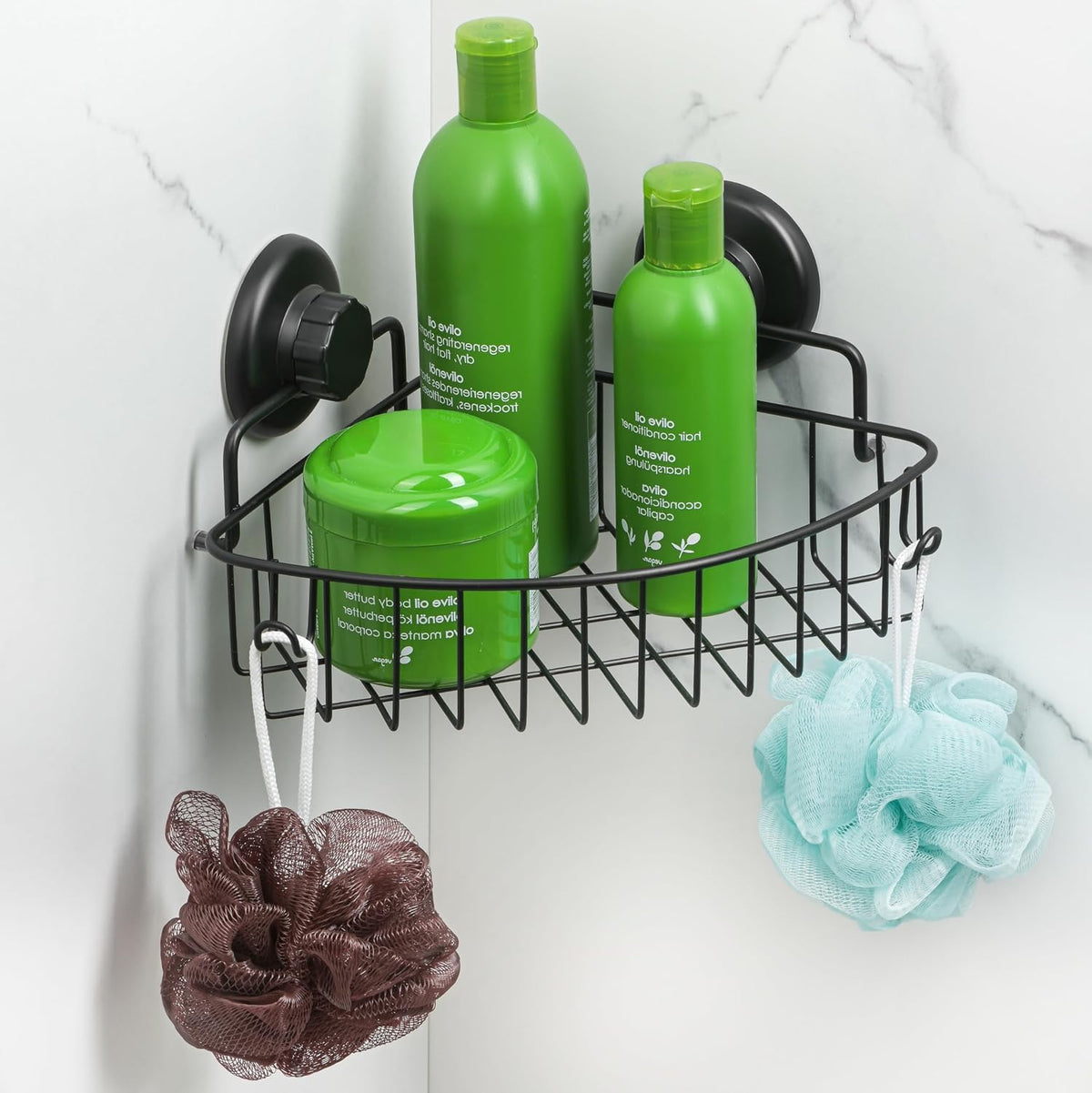 Corner Shower Caddy with Suction Cups and 3M Adhesive Mounting Discs for porous surfaces - Stainless Steel Basket for Bathroom Storage (Chrome)