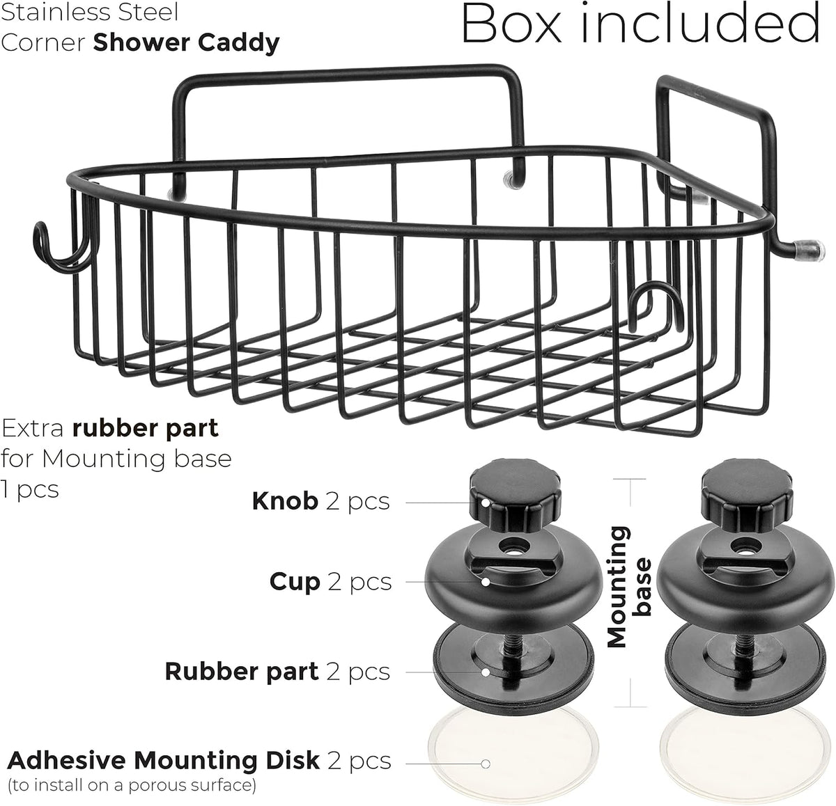 Corner Shower Caddy with Suction Cups and 3M Adhesive Mounting Discs for porous surfaces - Stainless Steel Basket for Bathroom Storage (Chrome)