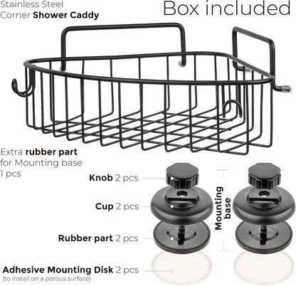 Corner Shower Caddy with Suction Cups and 3M Adhesive Mounting Discs for porous surfaces - Stainless Steel Basket for Bathroom Storage (Chrome)