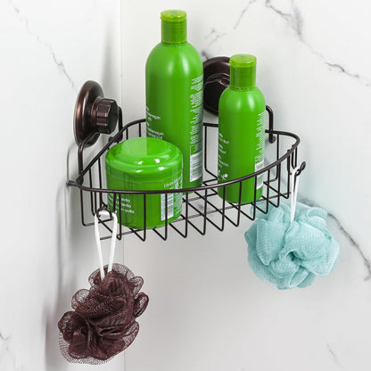 Corner Shower Caddy with Suction Cups and 3M Adhesive Mounting Discs for porous surfaces - Stainless Steel Basket for Bathroom Storage (Chrome)