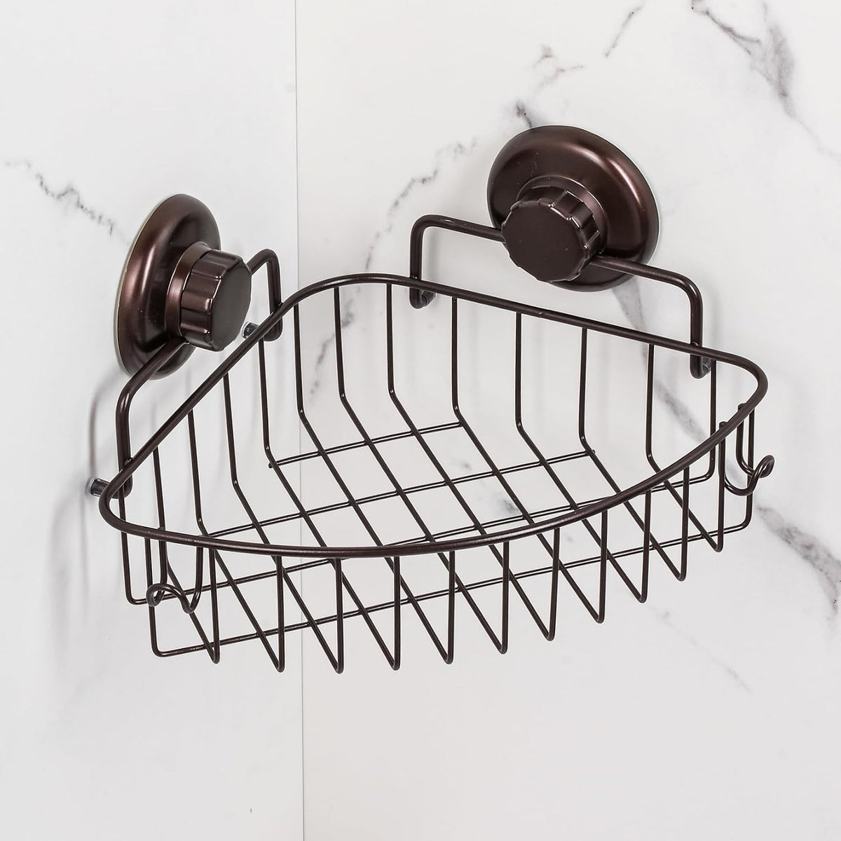 Corner Shower Caddy with Suction Cups and 3M Adhesive Mounting Discs for porous surfaces - Stainless Steel Basket for Bathroom Storage (Chrome)