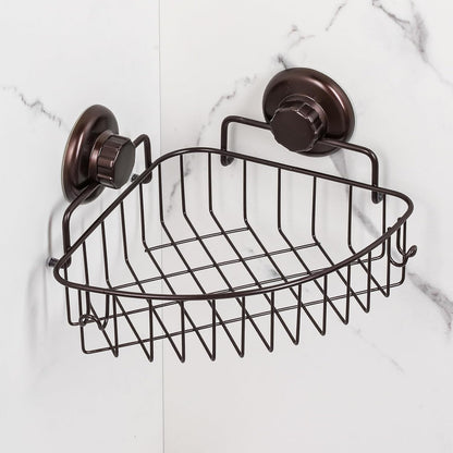 Corner Shower Caddy with Suction Cups and 3M Adhesive Mounting Discs for porous surfaces - Stainless Steel Basket for Bathroom Storage (Chrome)