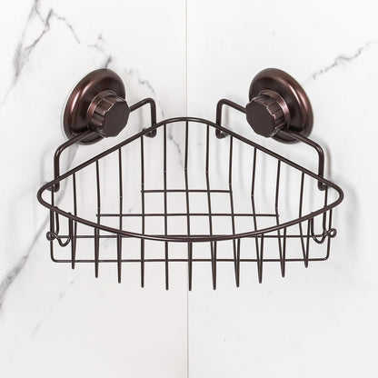 Corner Shower Caddy with Suction Cups and 3M Adhesive Mounting Discs for porous surfaces - Stainless Steel Basket for Bathroom Storage (Chrome)