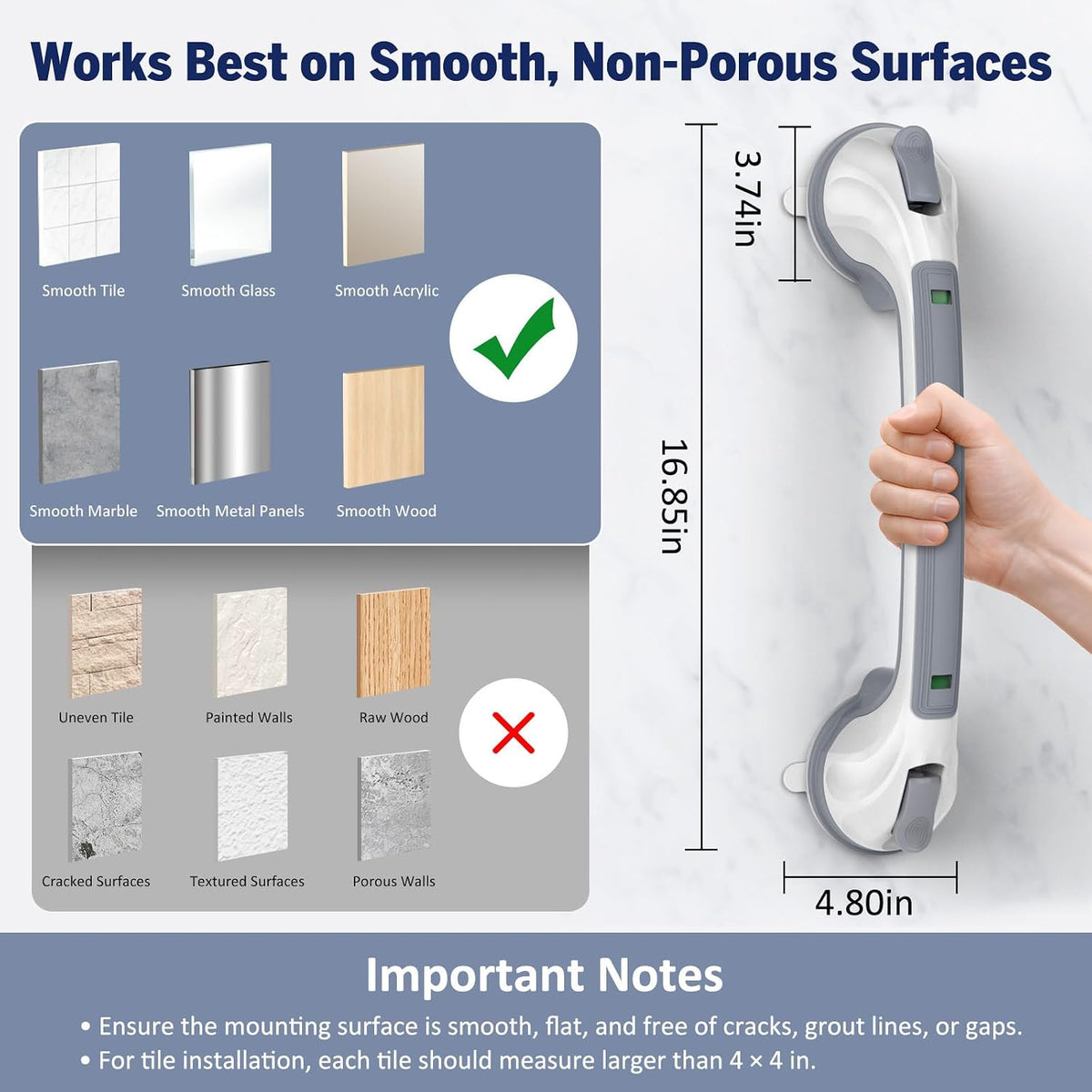 Grab Bars for Bathtubs and Showers, 16.8 Inch Non-Slip Suction Grab Bar for Elderly Seniors, No Drilling Removable Shower Handle, Safety Handrail for Bathroom Bathtub Toilet, 2 Pack