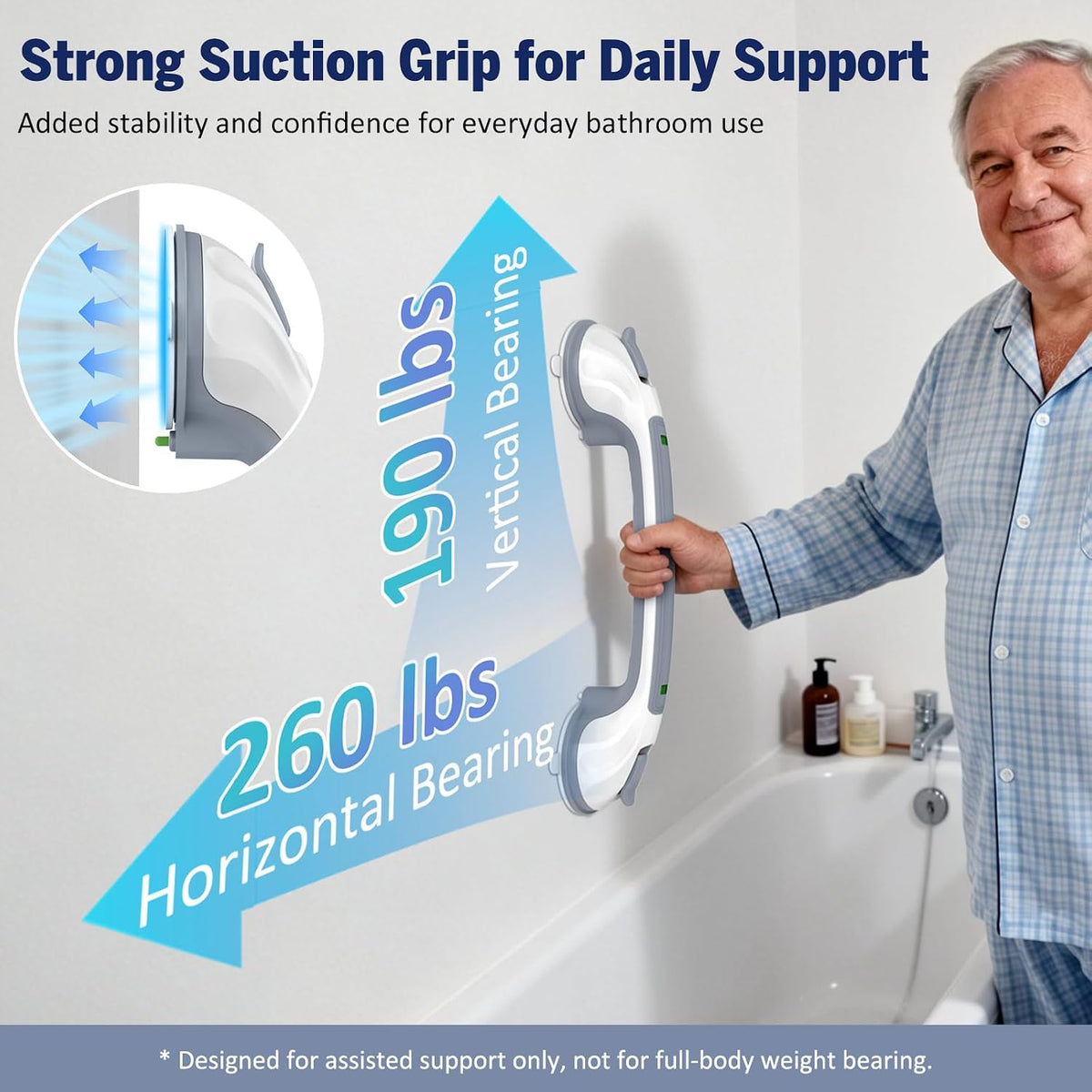 Grab Bars for Bathtubs and Showers, 16.8 Inch Non-Slip Suction Grab Bar for Elderly Seniors, No Drilling Removable Shower Handle, Safety Handrail for Bathroom Bathtub Toilet, 2 Pack