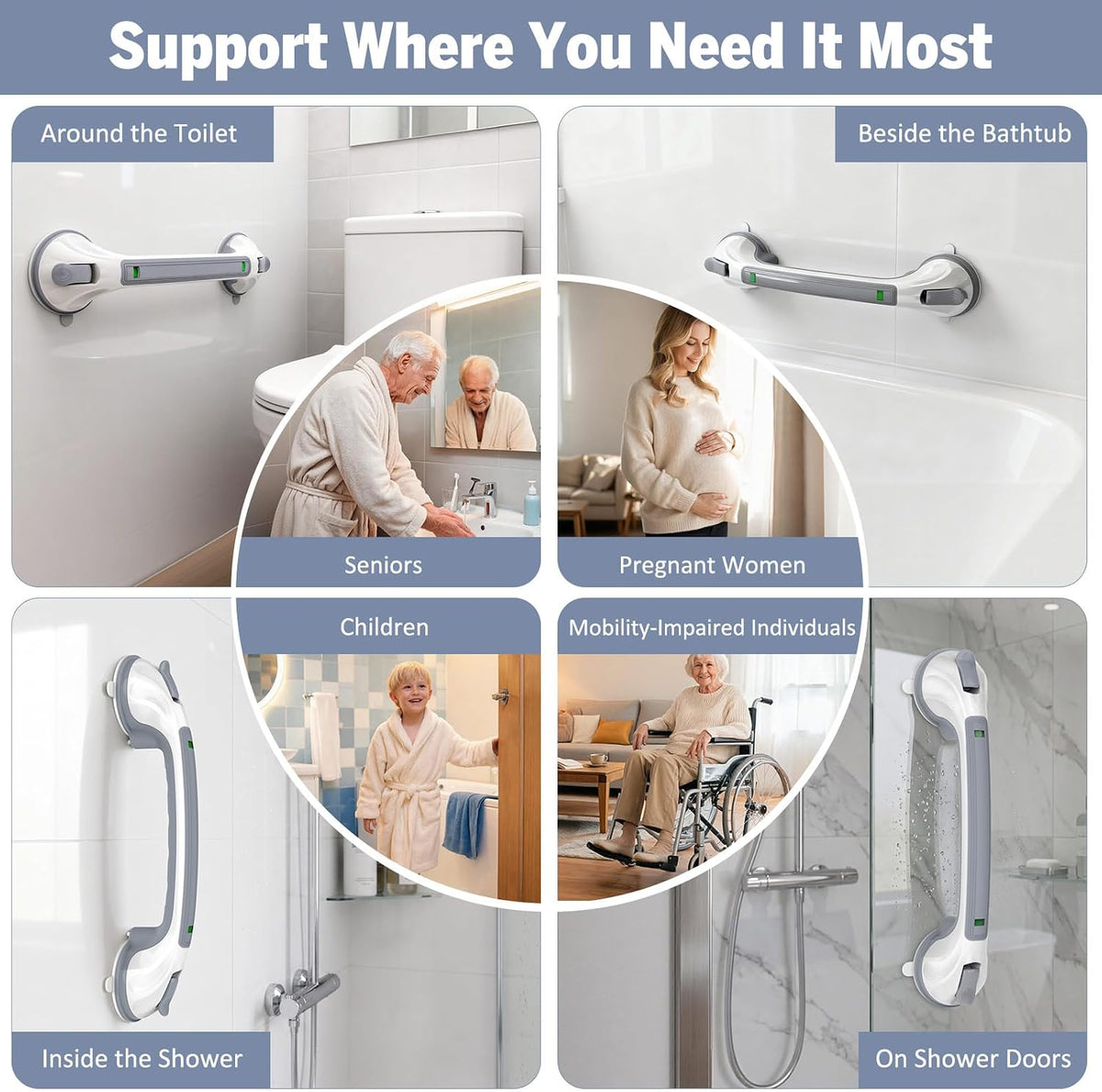 Grab Bars for Bathtubs and Showers, 16.8 Inch Non-Slip Suction Grab Bar for Elderly Seniors, No Drilling Removable Shower Handle, Safety Handrail for Bathroom Bathtub Toilet, 2 Pack