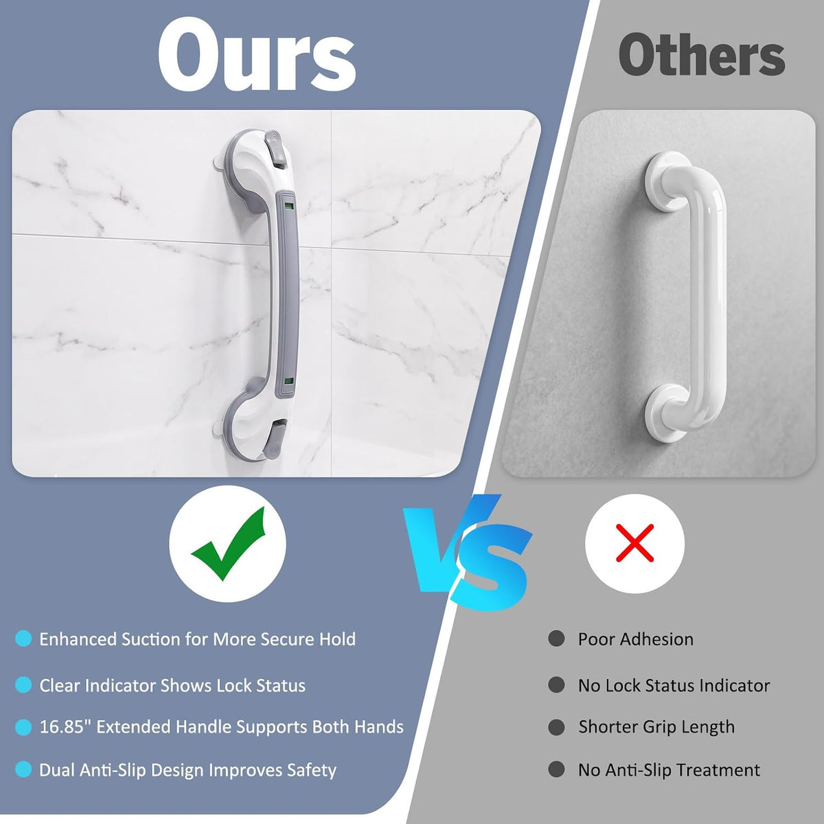 Grab Bars for Bathtubs and Showers, 16.8 Inch Non-Slip Suction Grab Bar for Elderly Seniors, No Drilling Removable Shower Handle, Safety Handrail for Bathroom Bathtub Toilet, 2 Pack