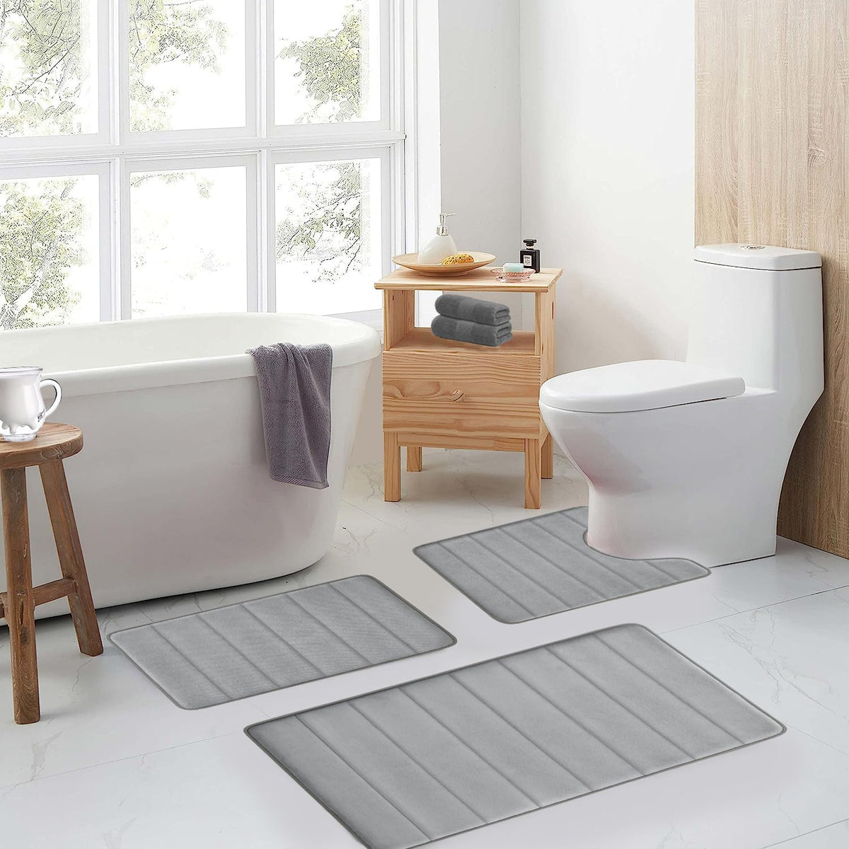Bathroom Rugs Set Memory Foam Bath Rugs Non-Slip Bath Mat Set 3 Piece,Washable Bathroom Mats,Absorbent Shaggy Rugs Super Soft U-Shaped Toilet Rug,Bahroom Carpets for Bathroom,Tub,Shower（Black）