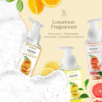 Foaming Hand Soap Pump - 5-PK - Moisturizing Hand Soap Foam with Aloe Vera & Essential Oils - Alcohol-Free Hand Wash in Citrus Blend, Lemon, Orange, Lime, Grapefruit Fragrances for Kitchen & Bathroom