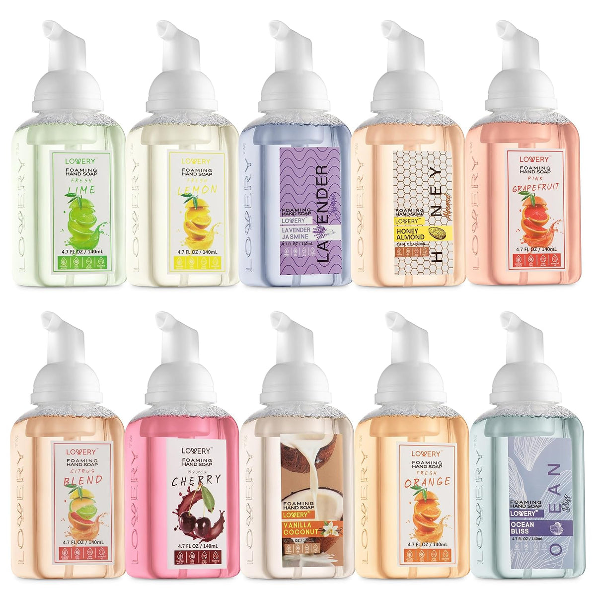 Foaming Hand Soap Pump - 5-PK - Moisturizing Hand Soap Foam with Aloe Vera & Essential Oils - Alcohol-Free Hand Wash in Citrus Blend, Lemon, Orange, Lime, Grapefruit Fragrances for Kitchen & Bathroom