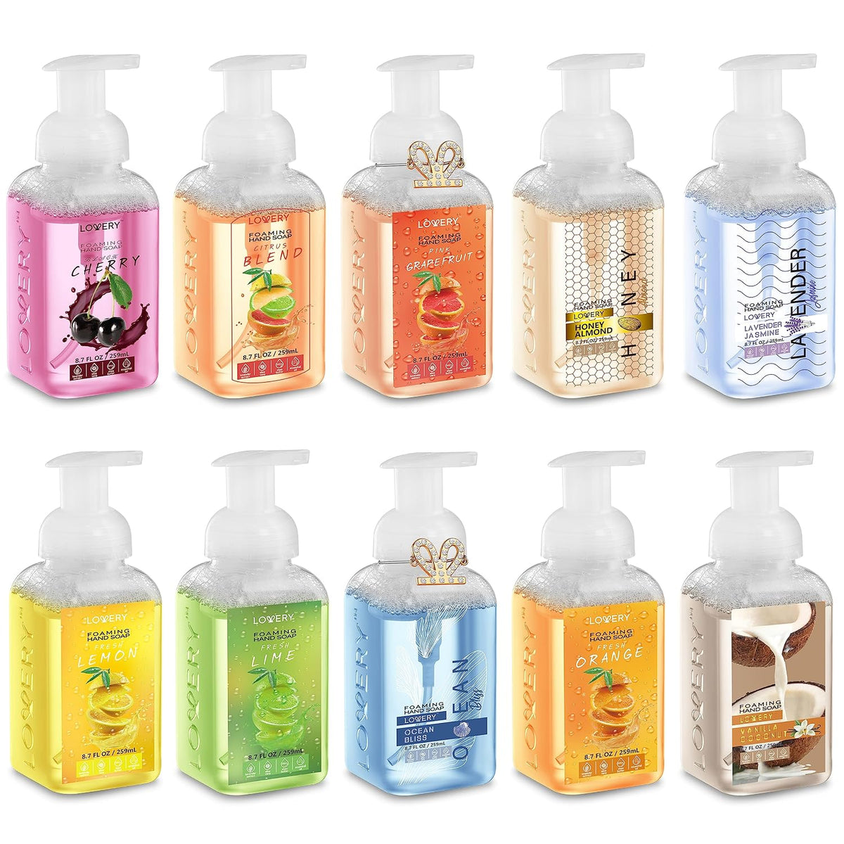 Foaming Hand Soap Pump - 5-PK - Moisturizing Hand Soap Foam with Aloe Vera & Essential Oils - Alcohol-Free Hand Wash in Citrus Blend, Lemon, Orange, Lime, Grapefruit Fragrances for Kitchen & Bathroom