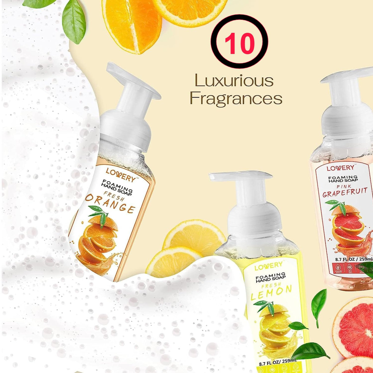 Foaming Hand Soap Pump - 5-PK - Moisturizing Hand Soap Foam with Aloe Vera & Essential Oils - Alcohol-Free Hand Wash in Citrus Blend, Lemon, Orange, Lime, Grapefruit Fragrances for Kitchen & Bathroom