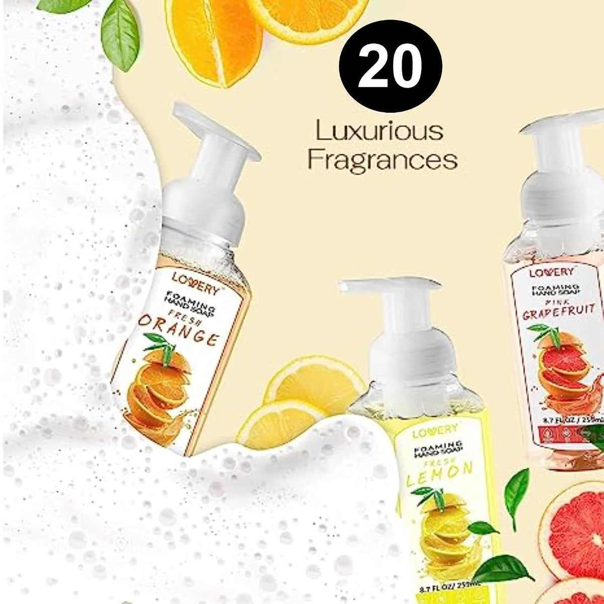 Foaming Hand Soap Pump - 5-PK - Moisturizing Hand Soap Foam with Aloe Vera & Essential Oils - Alcohol-Free Hand Wash in Citrus Blend, Lemon, Orange, Lime, Grapefruit Fragrances for Kitchen & Bathroom