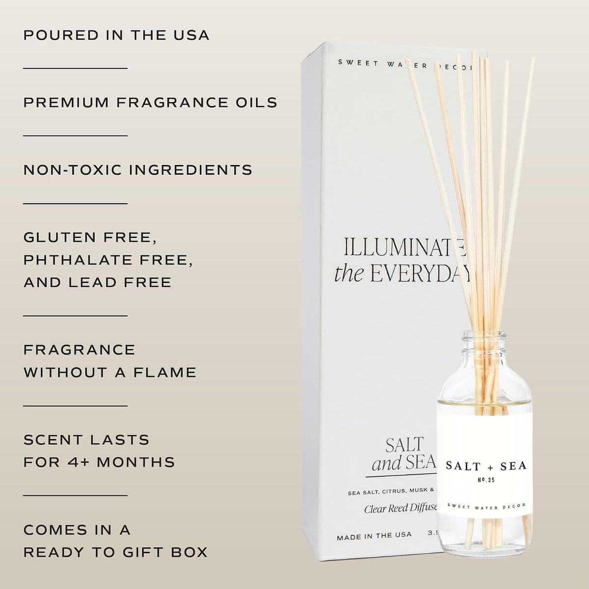 Salt & Sea Reed Diffuser Set - Sea Salt Citrus & Musk Amber Scent Diffuser - Reed Diffusers for Home with Long Lasting Fragrance - Non-Toxic Oil Reed Diffuser - Made in the USA