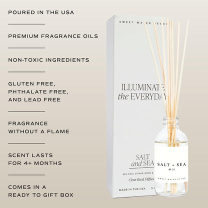 Salt & Sea Reed Diffuser Set - Sea Salt Citrus & Musk Amber Scent Diffuser - Reed Diffusers for Home with Long Lasting Fragrance - Non-Toxic Oil Reed Diffuser - Made in the USA