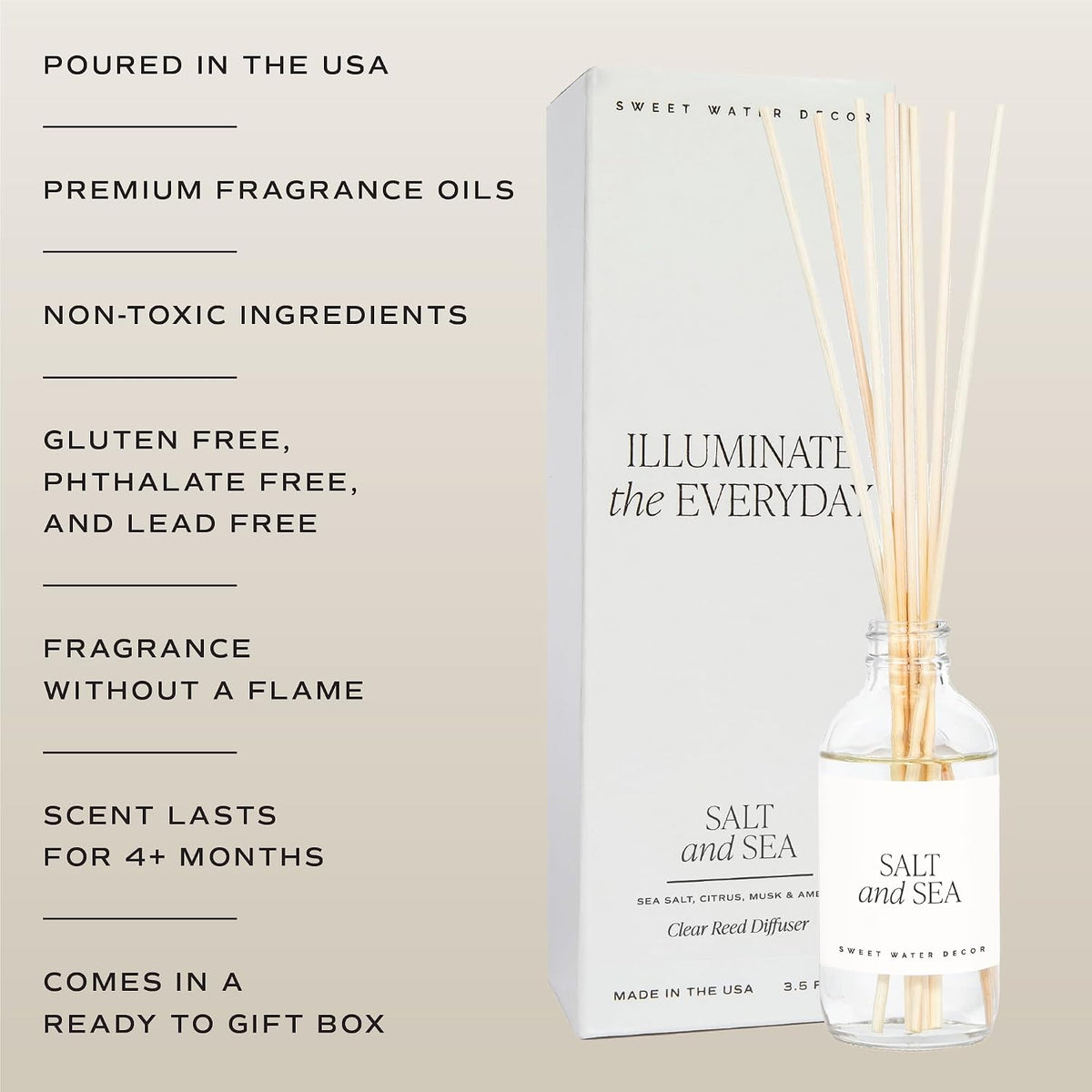 Salt & Sea Reed Diffuser Set - Sea Salt Citrus & Musk Amber Scent Diffuser - Reed Diffusers for Home with Long Lasting Fragrance - Non-Toxic Oil Reed Diffuser - Made in the USA