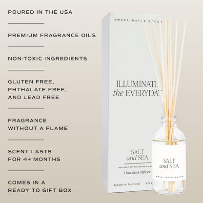 Salt & Sea Reed Diffuser Set - Sea Salt Citrus & Musk Amber Scent Diffuser - Reed Diffusers for Home with Long Lasting Fragrance - Non-Toxic Oil Reed Diffuser - Made in the USA