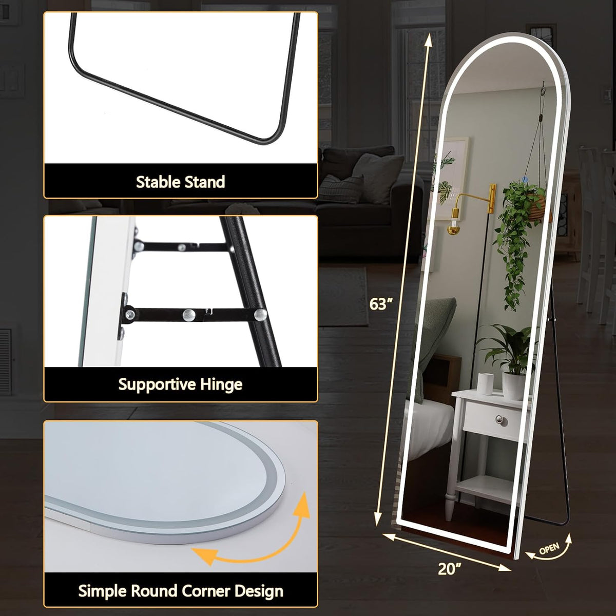 DUMOS Arched LED Mirror Full Length Standing, 16"x60" Full Body Wall Mirror