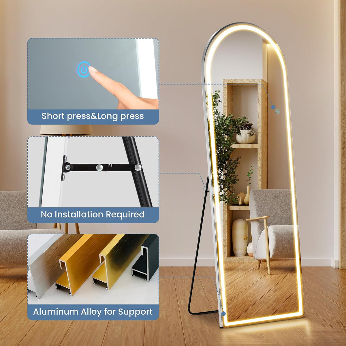DUMOS Arched LED Mirror Full Length Standing, 16"x60" Full Body Wall Mirror