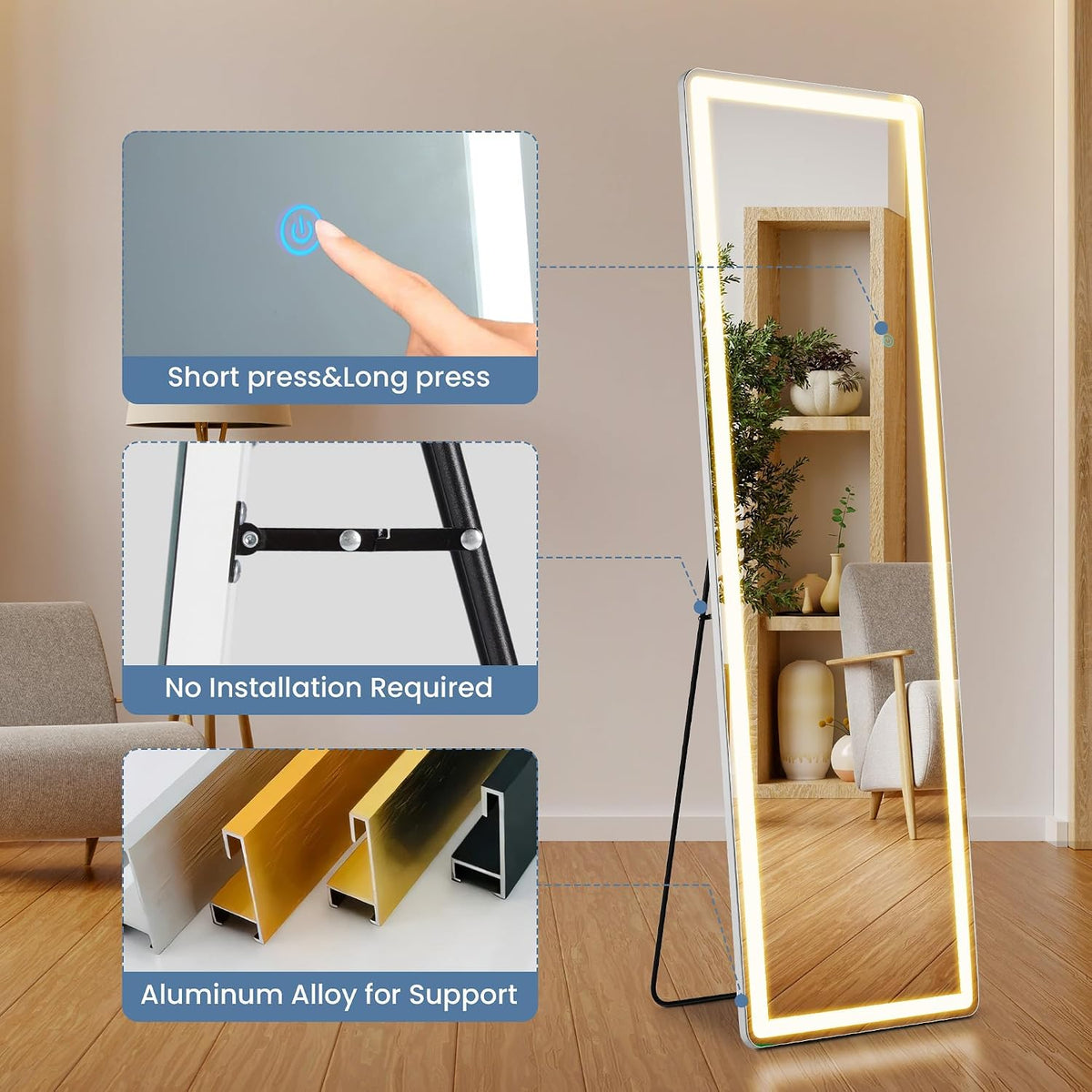 DUMOS Arched LED Mirror Full Length Standing, 16"x60" Full Body Wall Mirror