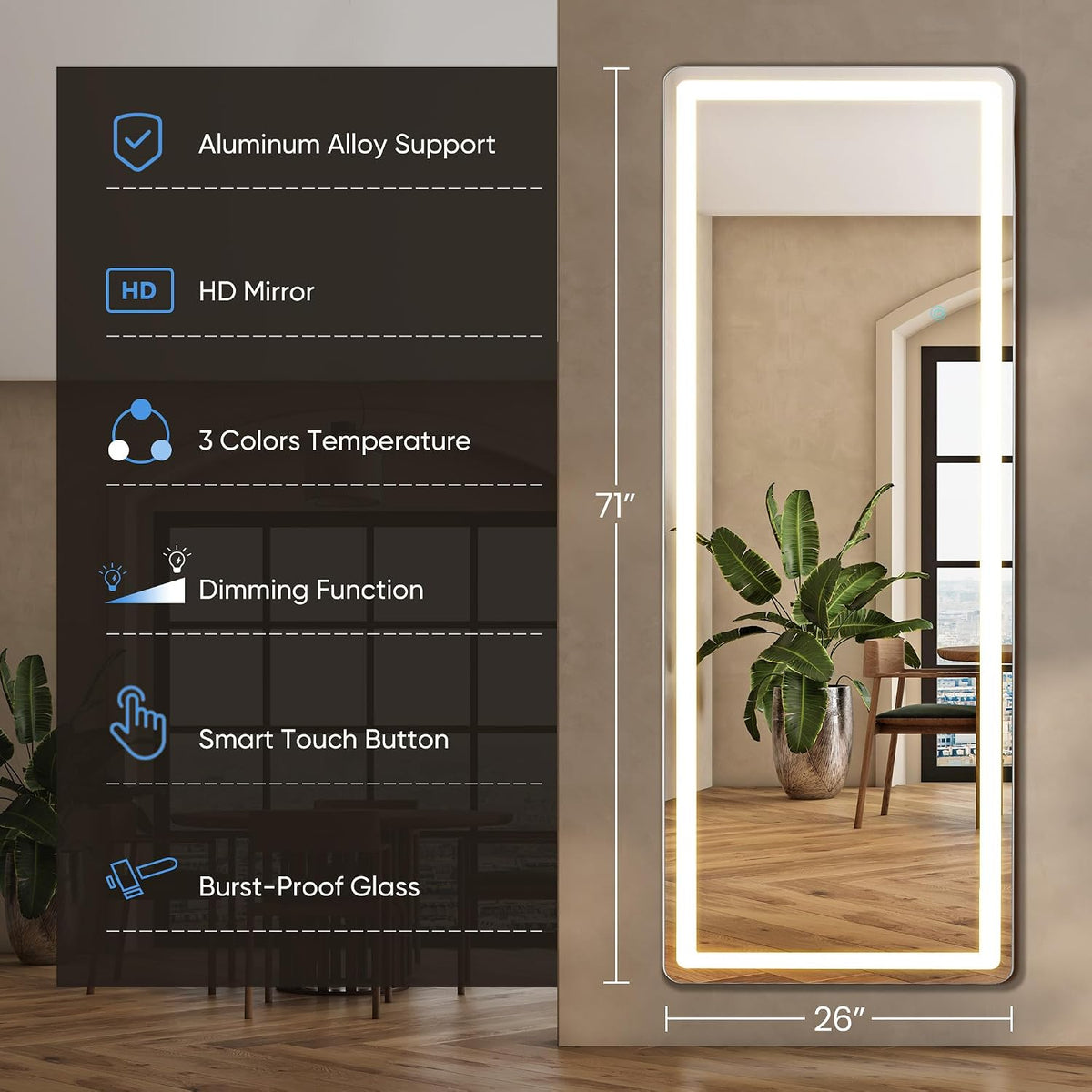 DUMOS Arched LED Mirror Full Length Standing, 16"x60" Full Body Wall Mirror