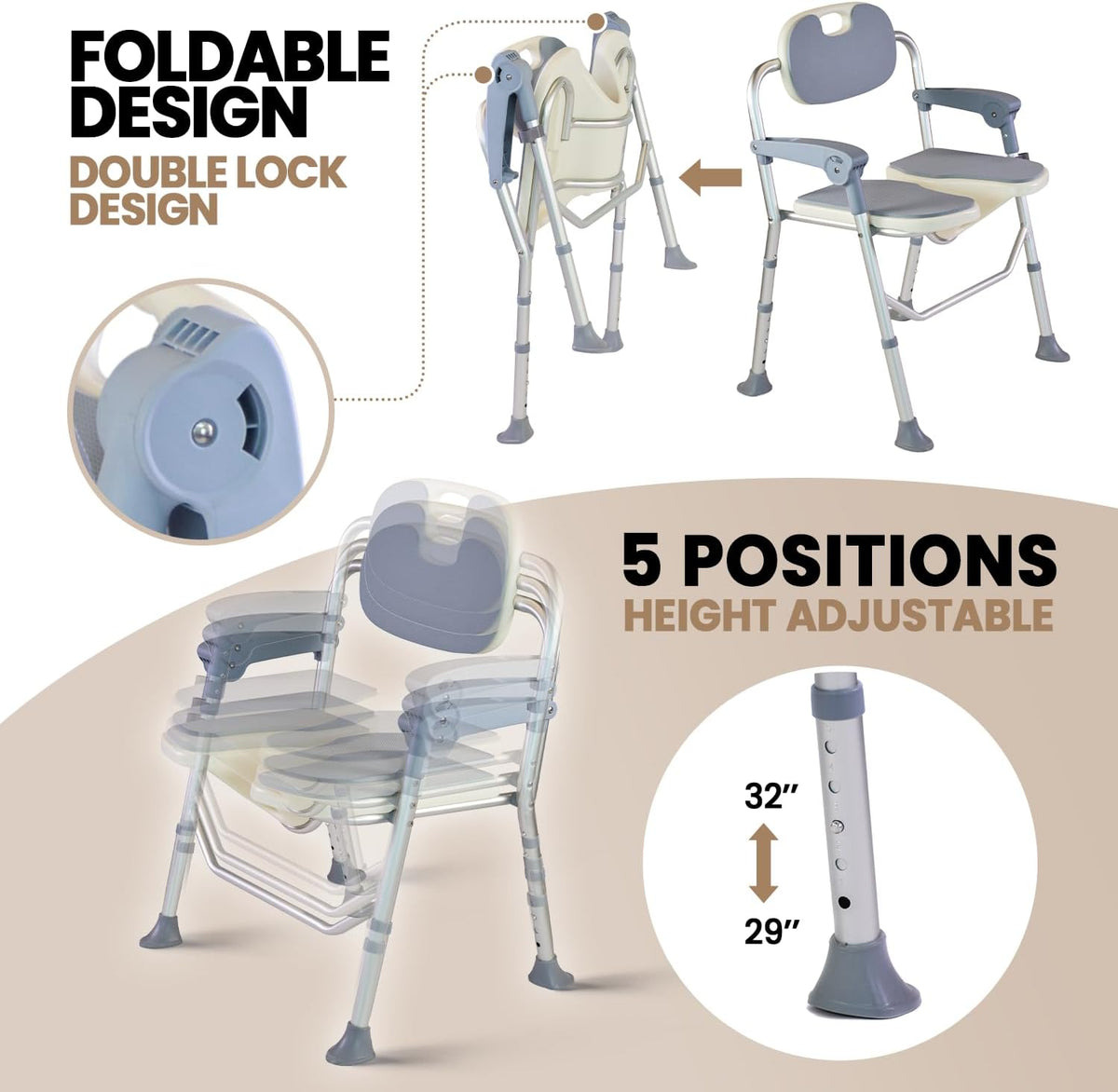 Folding Shower Chair, U Shape Shower Chair with 5-Level Adjustable