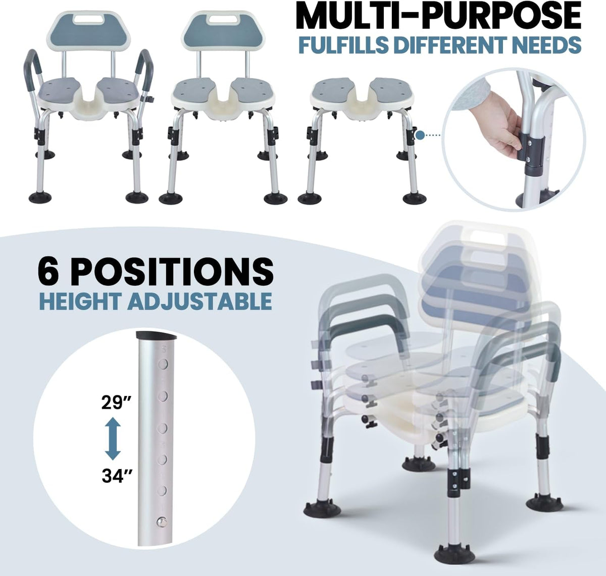 Folding Shower Chair, U Shape Shower Chair with 5-Level Adjustable