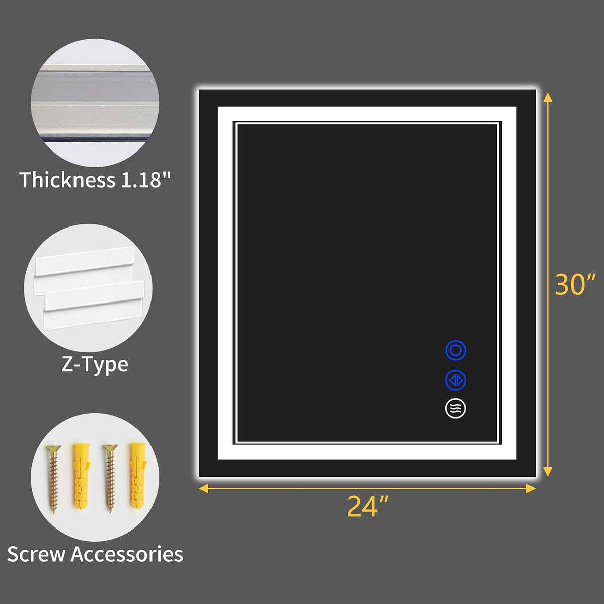 30"x22" LED Bathroom Mirror with Lights,Anti-Fog,3 Color Modes - Colors B