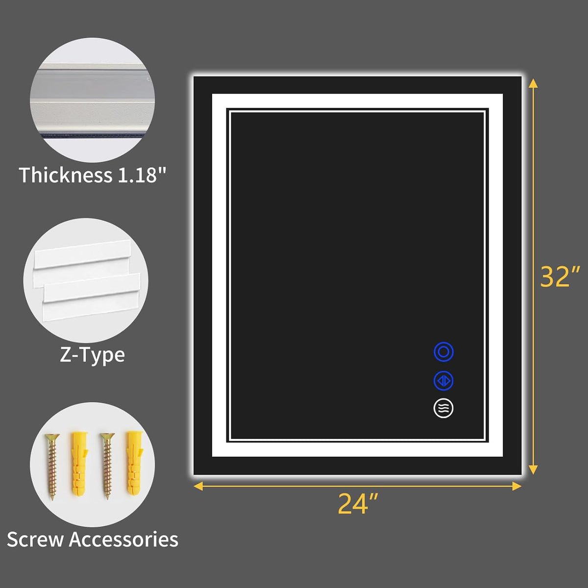 30"x22" LED Bathroom Mirror with Lights,Anti-Fog,3 Color Modes - Colors B